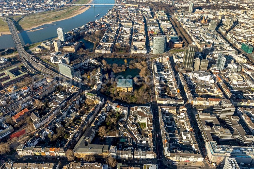 Düsseldorf from above - The city center in the downtown area in the district Stadtmitte in Duesseldorf at Ruhrgebiet in the state North Rhine-Westphalia, Germany