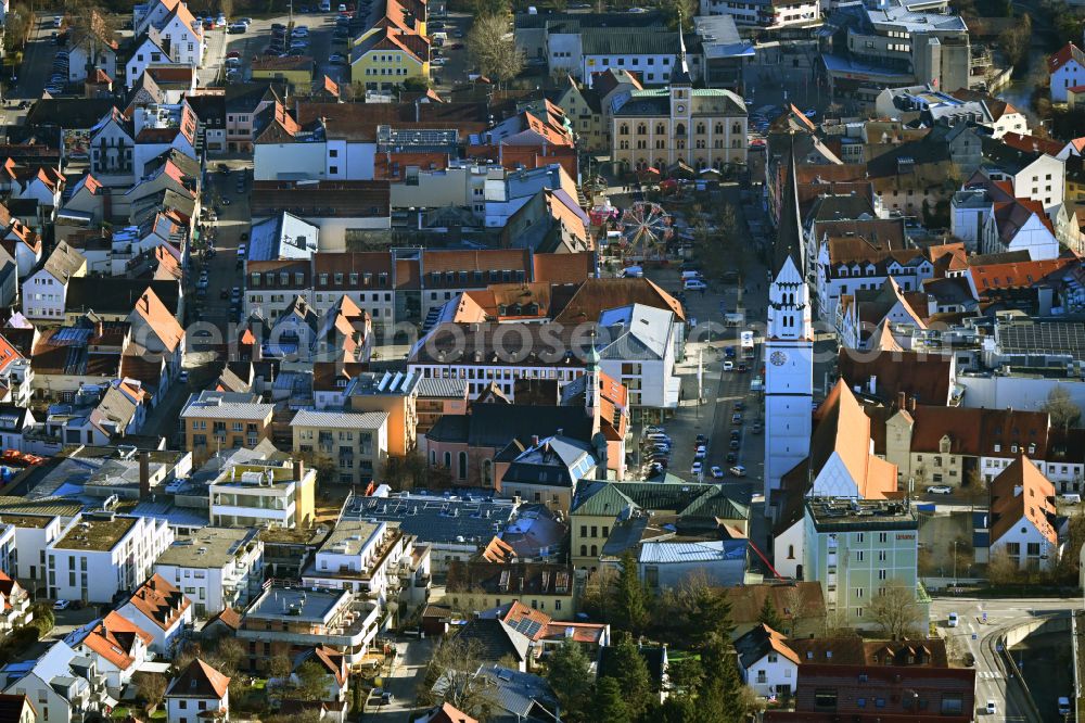 Pfaffenhofen an der Ilm from the bird's eye view: The city center in the downtown area on street Poststrasse in Pfaffenhofen an der Ilm in the state Bavaria, Germany