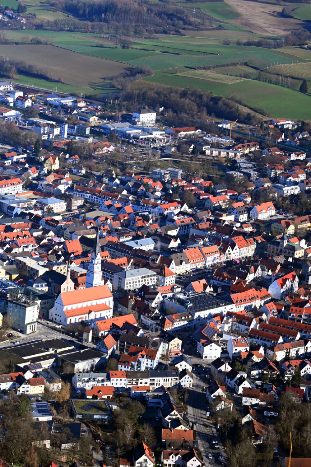 Pfaffenhofen an der Ilm from above - The city center in the downtown area on street Poststrasse in Pfaffenhofen an der Ilm in the state Bavaria, Germany