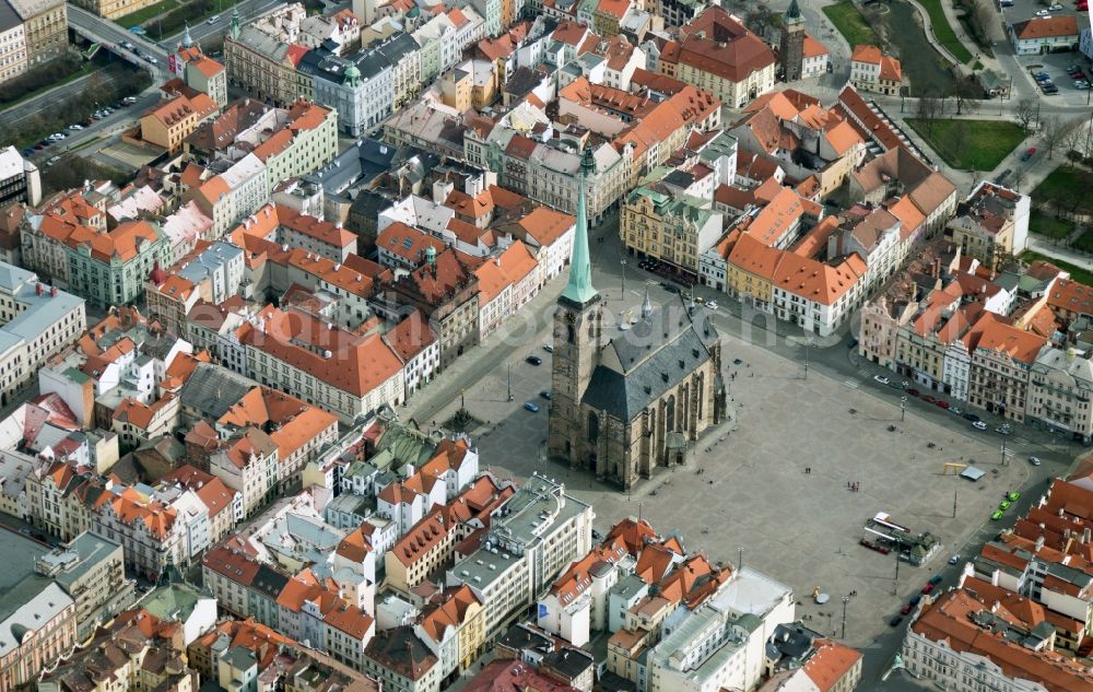 Pilsen Plzen from above - The city center in the downtown are in Pilsen - Plzen in Czech Republic with Hauptmarkt and Bartholomaeus-Kathedral