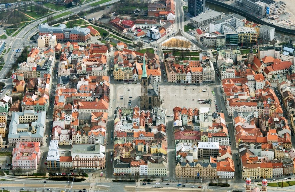 Aerial image Pilsen Plzen - The city center in the downtown are in Pilsen - Plzen in Czech Republic with Hauptmarkt and Bartholomaeus-Kathedral