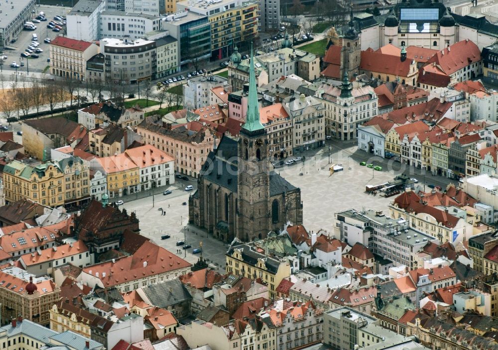 Pilsen Plzen from above - The city center in the downtown are in Pilsen - Plzen in Czech Republic with Hauptmarkt and Bartholomaeus-Kathedral