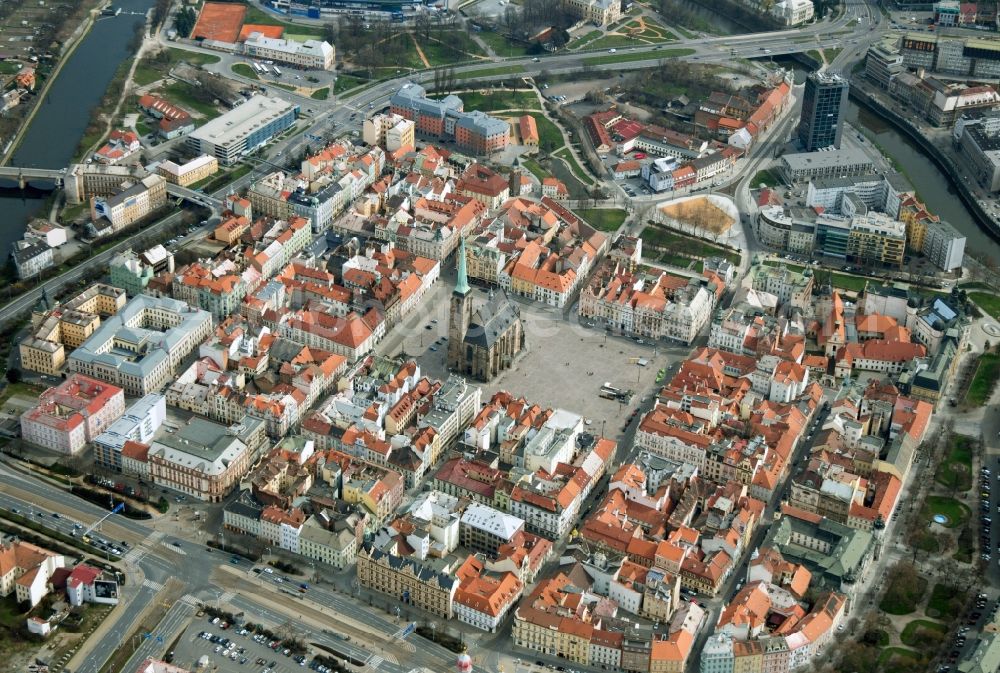 Aerial image Pilsen Plzen - The city center in the downtown are in Pilsen - Plzen in Czech Republic with Hauptmarkt and Bartholomaeus-Kathedral