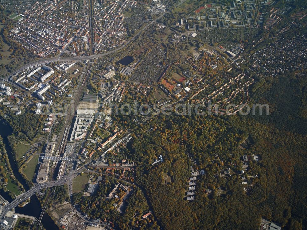 Aerial image Potsdam - The city center in the downtown area at the central station Hauptbahnhof in Potsdam in the state Brandenburg