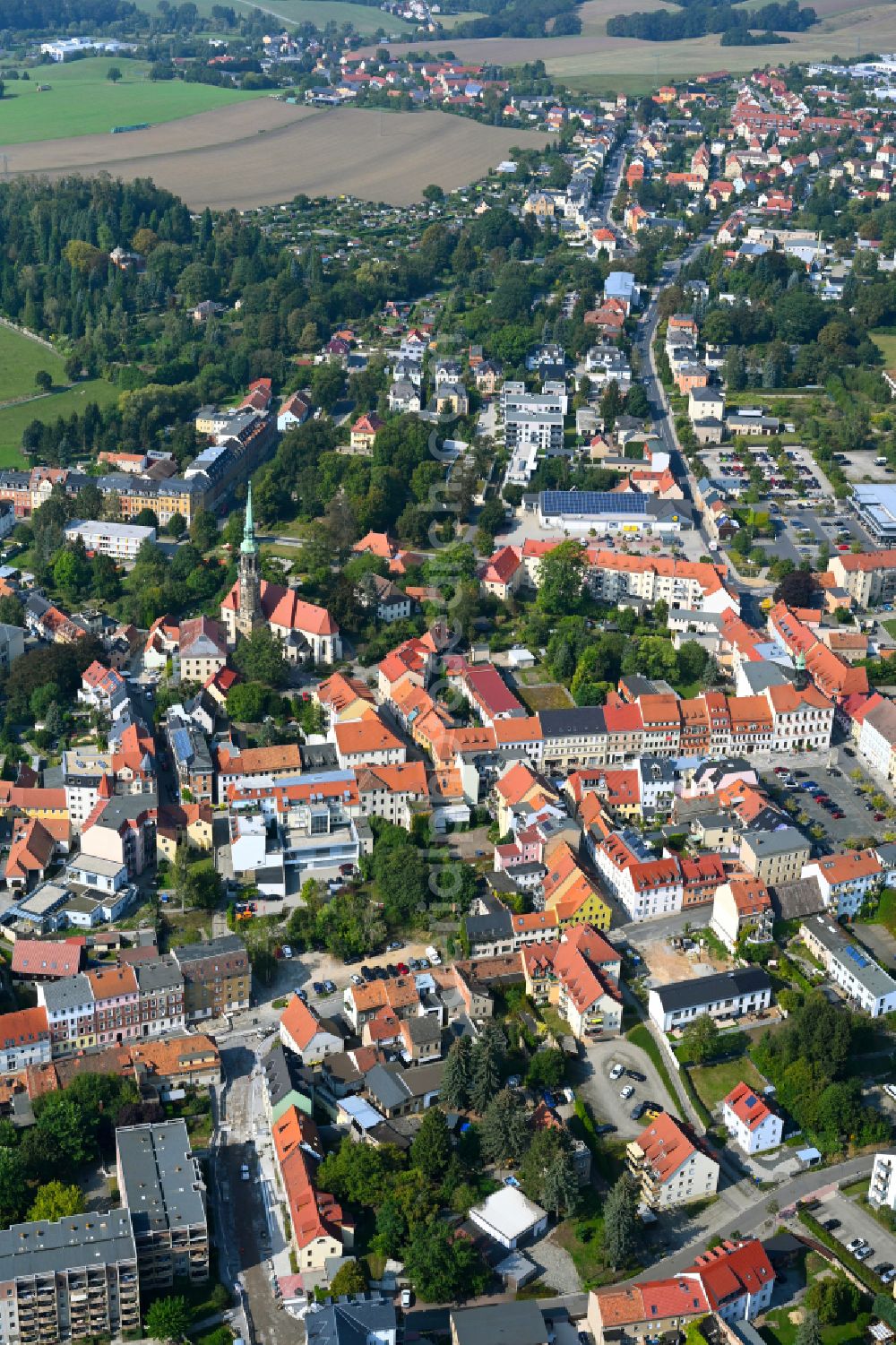 Radeberg from the bird's eye view: The city center in the downtown area in Radeberg in the state Saxony, Germany