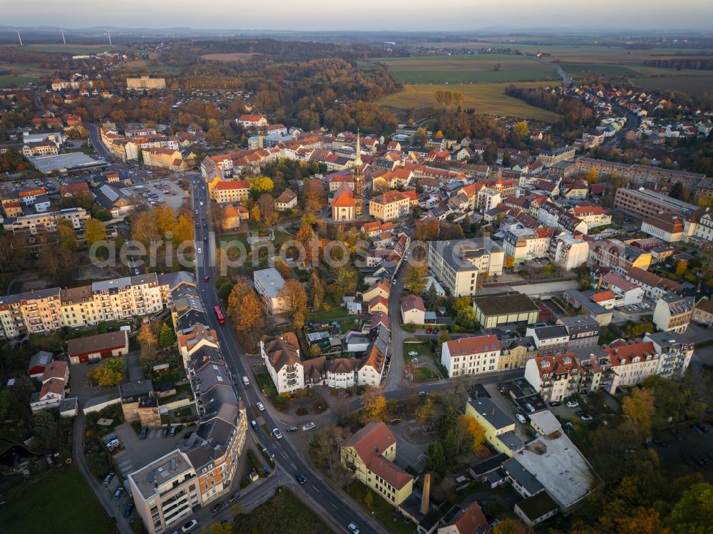 Radeberg from above - City center in the inner city area with the Evangelical Lutheran City Church of the Holy Name of God in Radeberg in the federal state of Saxony, Germany