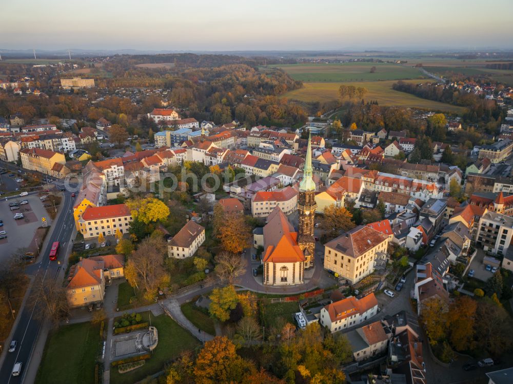 Radeberg from the bird's eye view: City center in the inner city area with the Evangelical Lutheran City Church of the Holy Name of God in Radeberg in the federal state of Saxony, Germany