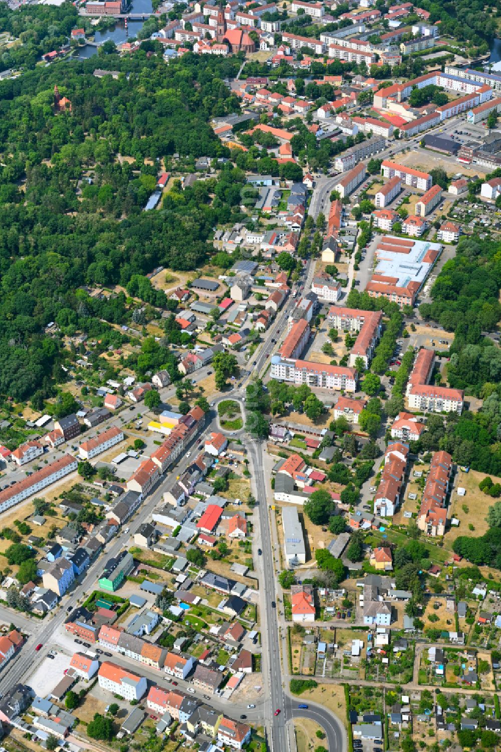 Aerial photograph Rathenow - The city center in the downtown area in Rathenow in the state Brandenburg, Germany