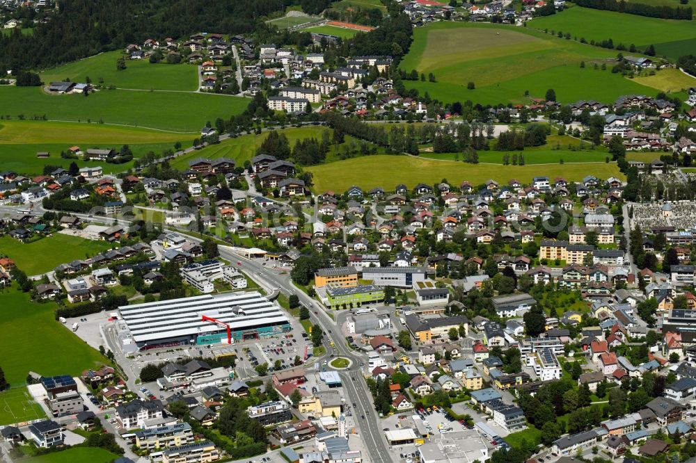 Aerial image Saalfelden am Steinernen Meer - The city center in the downtown area in Saalfelden am Steinernen Meer in Pinzgauer Saalachtals, Austria