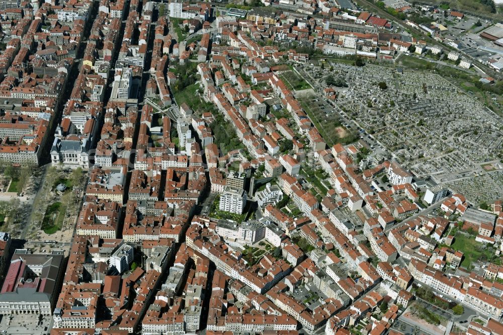 Saint-Etienne from the bird's eye view: The city center in the downtown are in Saint-Etienne in Auvergne Rhone-Alpes, France