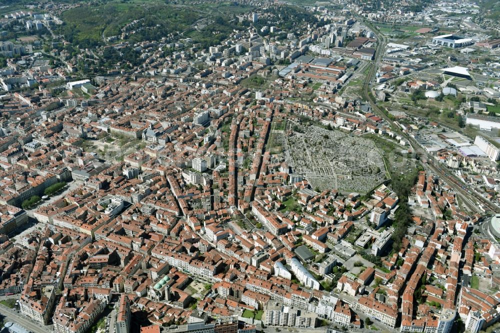 Saint-Etienne from the bird's eye view: The city center in the downtown are in Saint-Etienne in Auvergne Rhone-Alpes, France