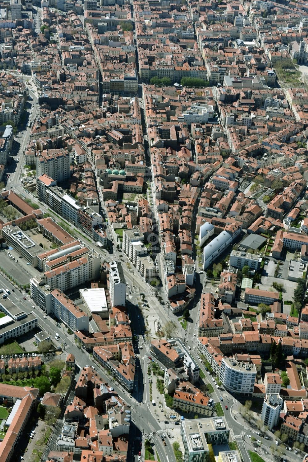 Saint-Etienne from the bird's eye view: The city center in the downtown are in Saint-Etienne in Auvergne Rhone-Alpes, France