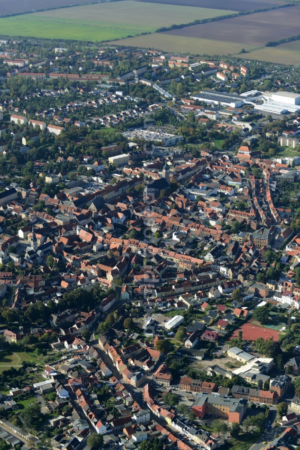 Sangerhausen from above - Town centre of Sangerhausen in the state of Saxony-Anhalt. View from the Northeast over the historic town centre