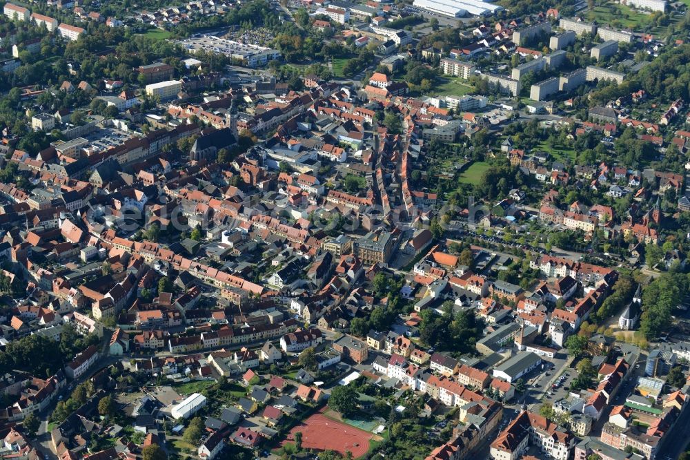 Sangerhausen from the bird's eye view: Town centre of Sangerhausen in the state of Saxony-Anhalt. View from the Northeast over the historic town centre