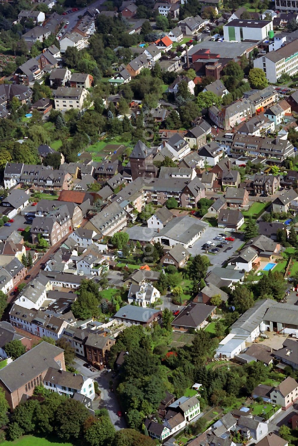 Monheim from above - City center in the downtown area on tower Schelmenturm in Mohnheim in North Rhine-Westphalia