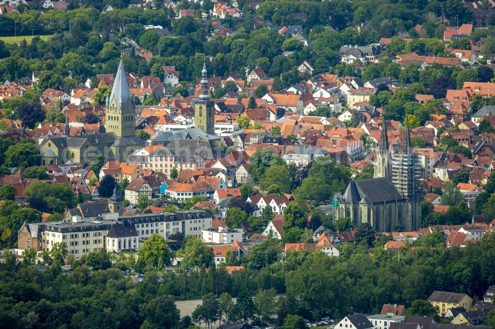 Soest from above - The city center in the downtown area on street Rathausstrasse in Soest in the state North Rhine-Westphalia, Germany