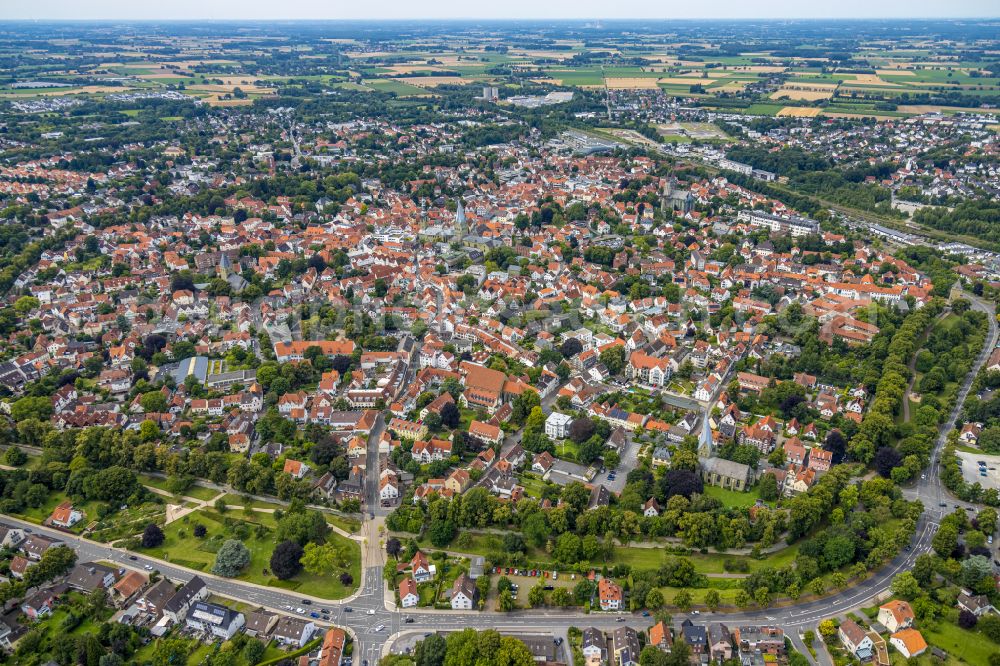 Soest from above - The city center in the downtown area on street Rathausstrasse in Soest in the state North Rhine-Westphalia, Germany