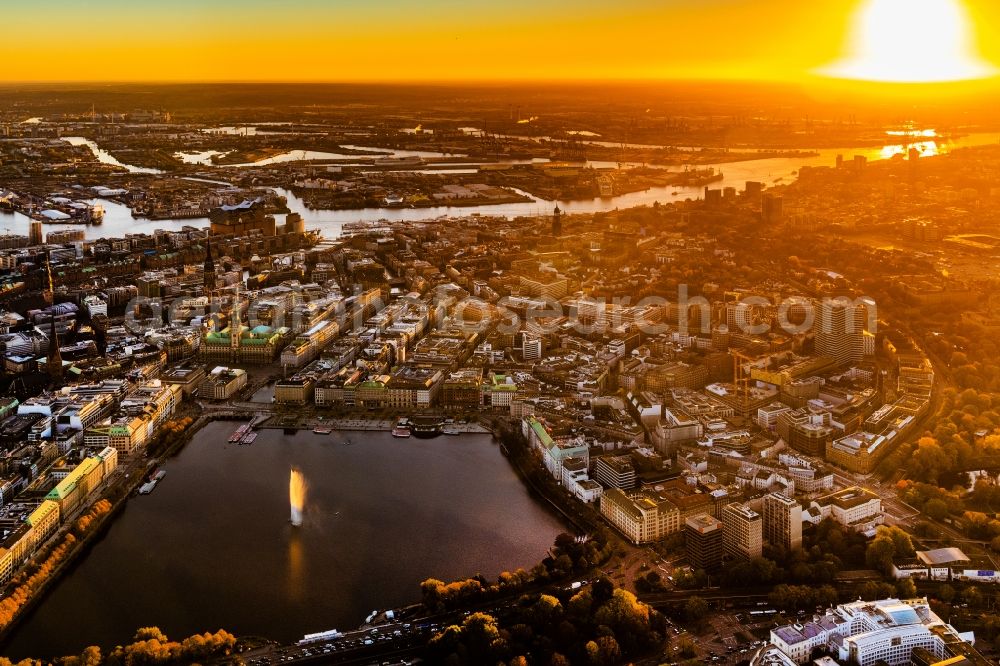 Aerial image Hamburg - City center on the Inner Alster at sunset - in the inner city area in Hamburg