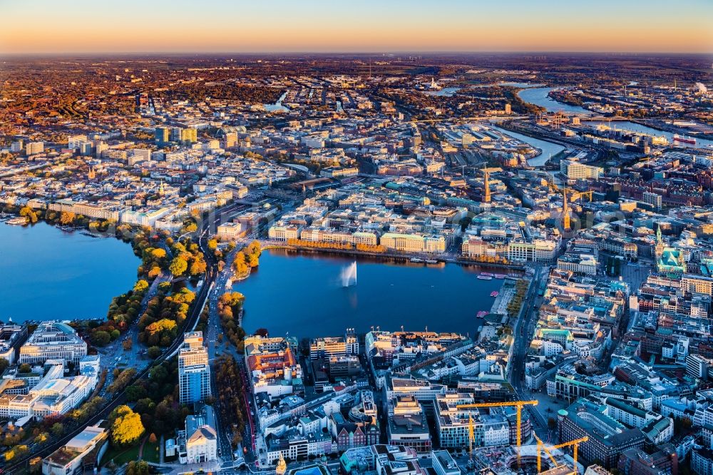 Aerial photograph Hamburg - City center on the Inner Alster at sunset - in the inner city area in Hamburg