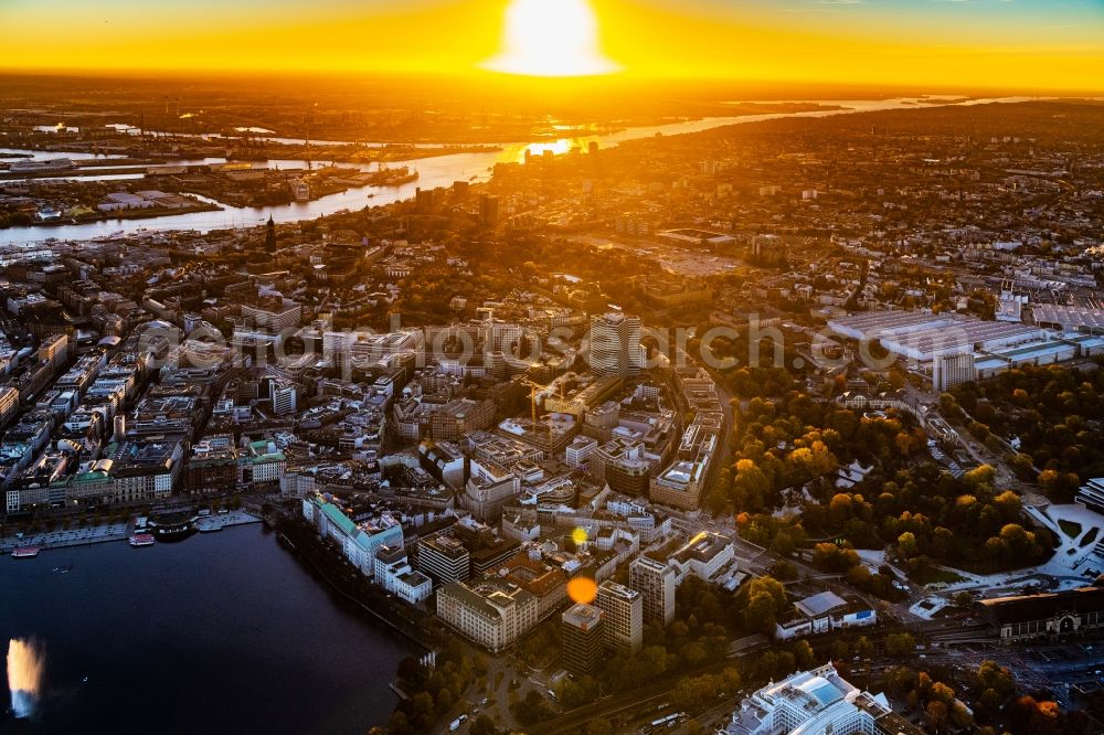 Hamburg from above - City center on the Inner Alster at sunset - in the inner city area in Hamburg