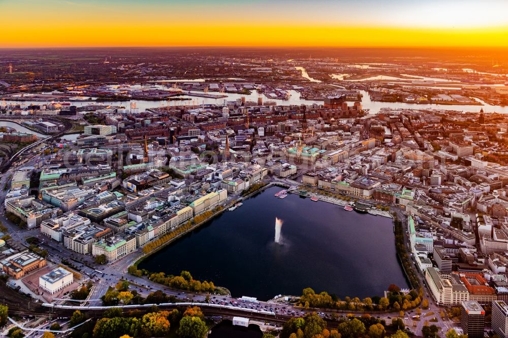 Aerial image Hamburg - City center on the Inner Alster at sunset - in the inner city area in Hamburg