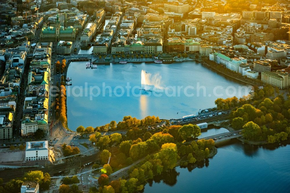 Aerial photograph Hamburg - City center on the Inner Alster at sunset - in the inner city area in Hamburg