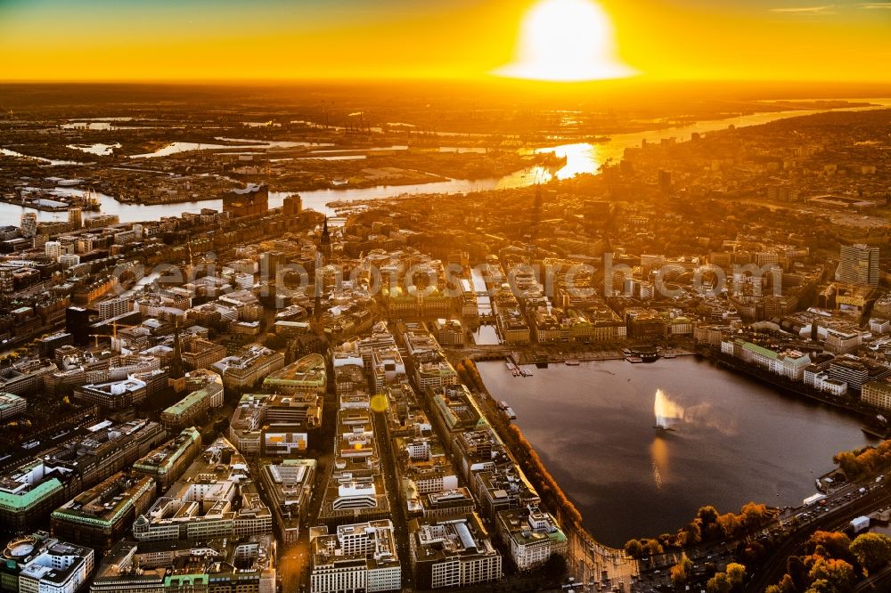 Hamburg from above - City center on the Inner Alster at sunset - in the inner city area in Hamburg