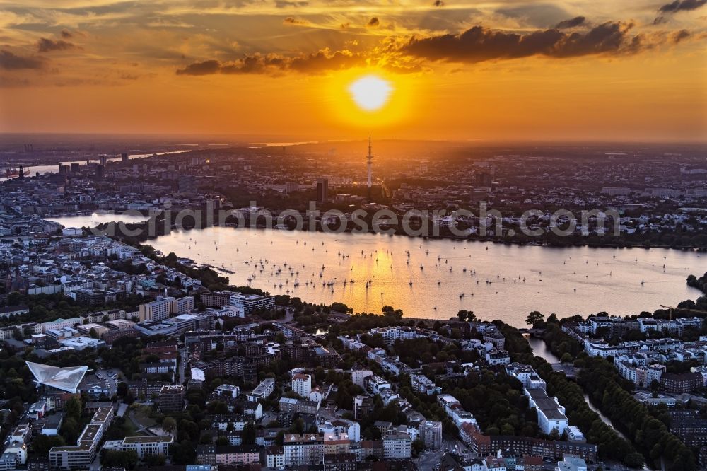 Hamburg from the bird's eye view: The city center in the downtown sunset are in Hamburg in Germany