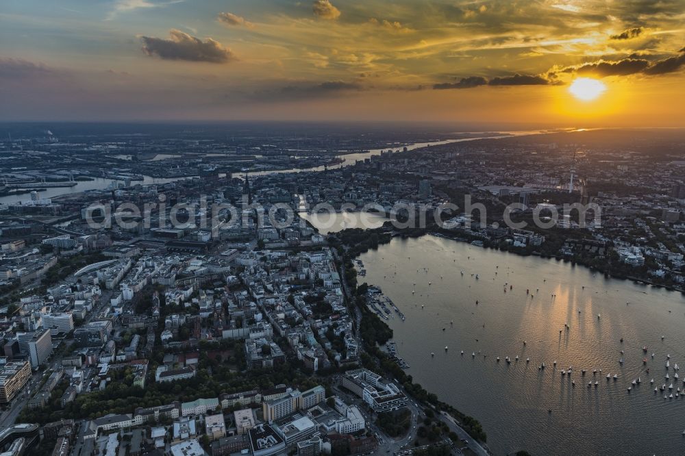 Aerial photograph Hamburg - The city center in the downtown sunset are in Hamburg in Germany