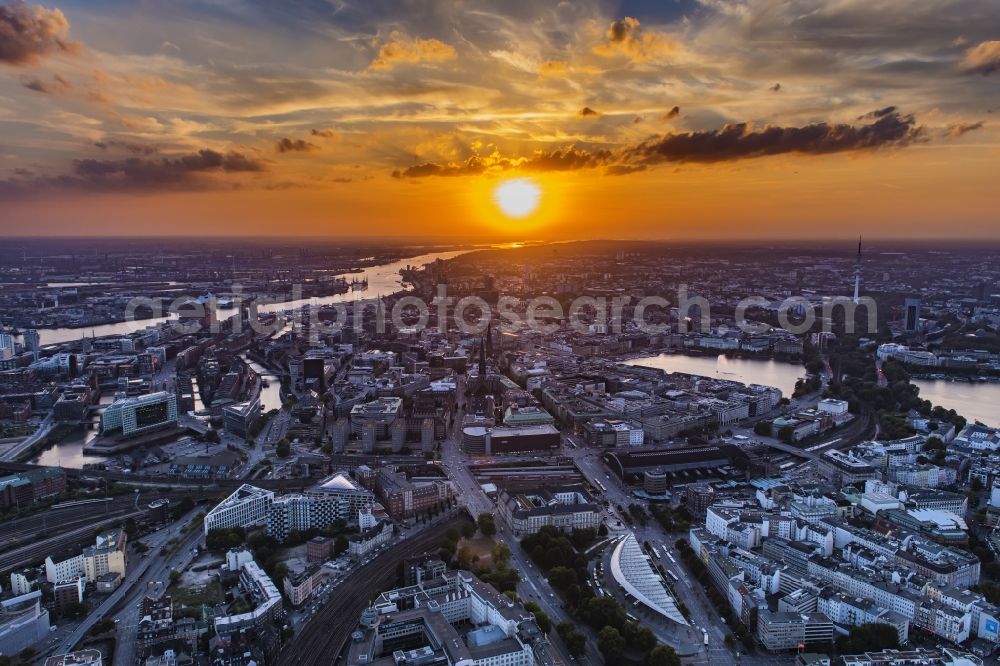 Hamburg from above - The city center in the downtown sunset are in Hamburg in Germany