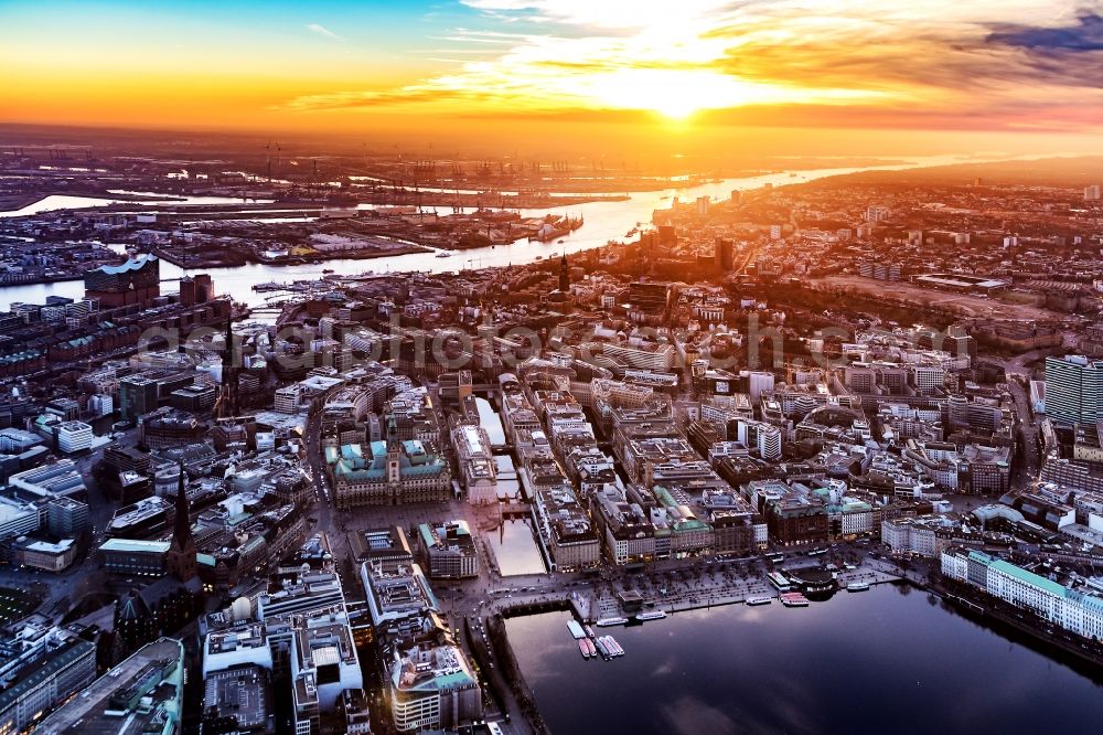 Hamburg from above - The city center in the downtown sunset are in Hamburg in Germany