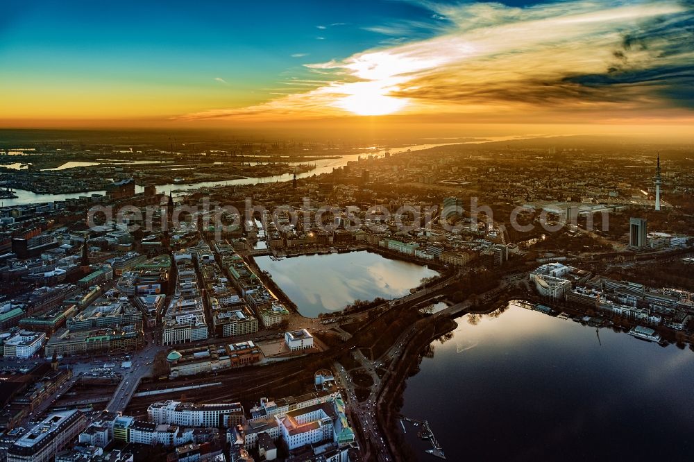 Hamburg from above - The city center in the downtown sunset are in Hamburg in Germany