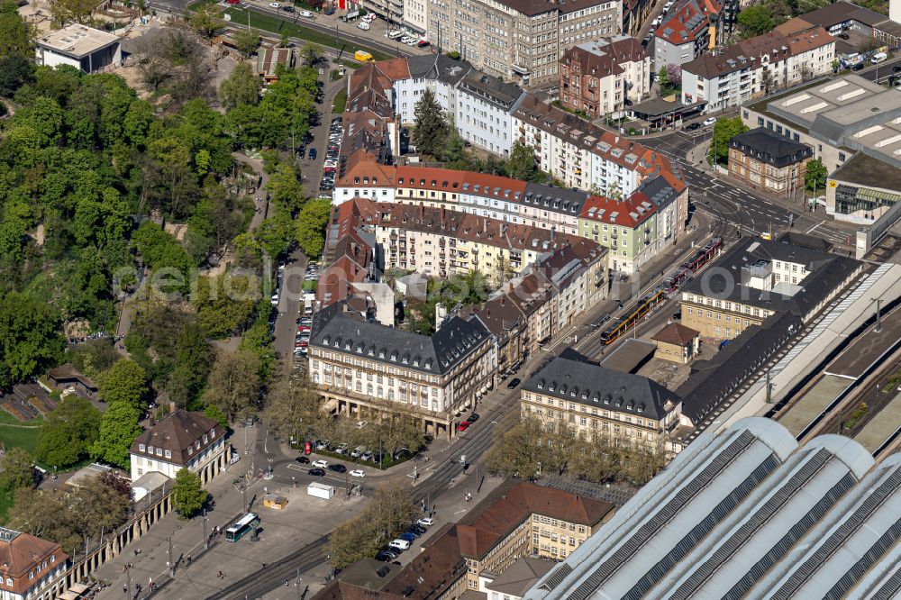 Karlsruhe from the bird's eye view: The city center in the downtown area Am Stadtgarten u Ettlinger Strasse in Karlsruhe in the state Baden-Wurttemberg, Germany