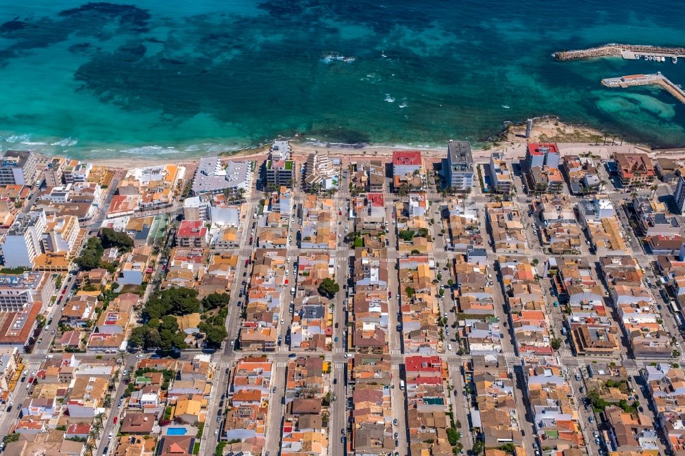 Can Picafort from above - City center in the city center on the beach shore Passeig Enginyer Antoni Garau in Can Picafort in Balearic island of Mallorca, Spain