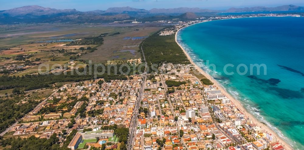 Can Picafort from the bird's eye view: City center in the city center on the beach shore Passeig Enginyer Antoni Garau in Can Picafort in Balearic island of Mallorca, Spain