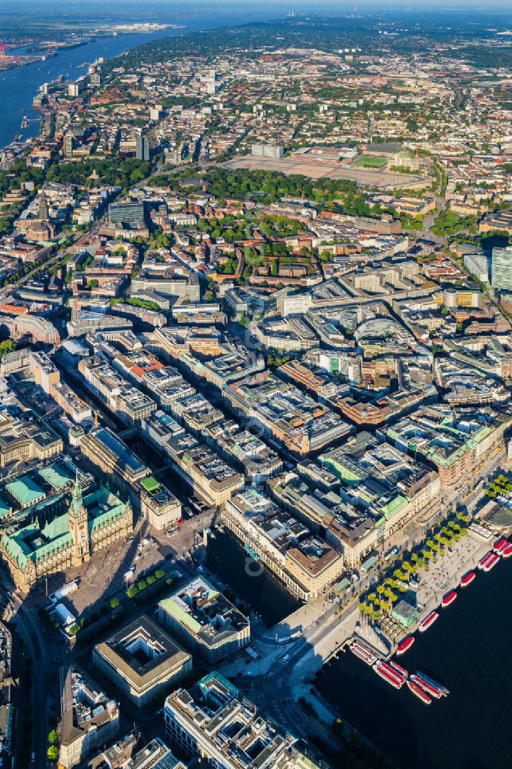 Hamburg from above - The city center in the downtown area on lake side of Alster in the district Altstadt in Hamburg, Germany