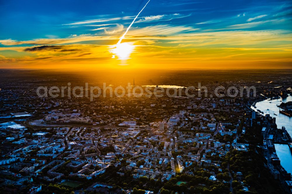 Aerial image Hamburg - City center in the inner city area on the banks of the Alster, at sunrise, in Hamburg, Germany