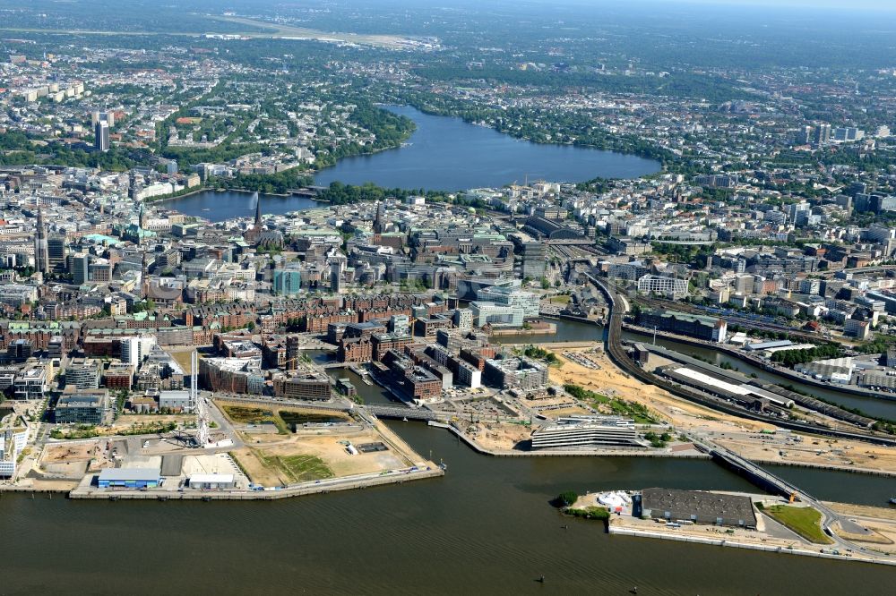 Hamburg from above - City center in the downtown area on the banks of the river course of the Alster lake, the Elbe in Hamburg. Here the the old warehouse district