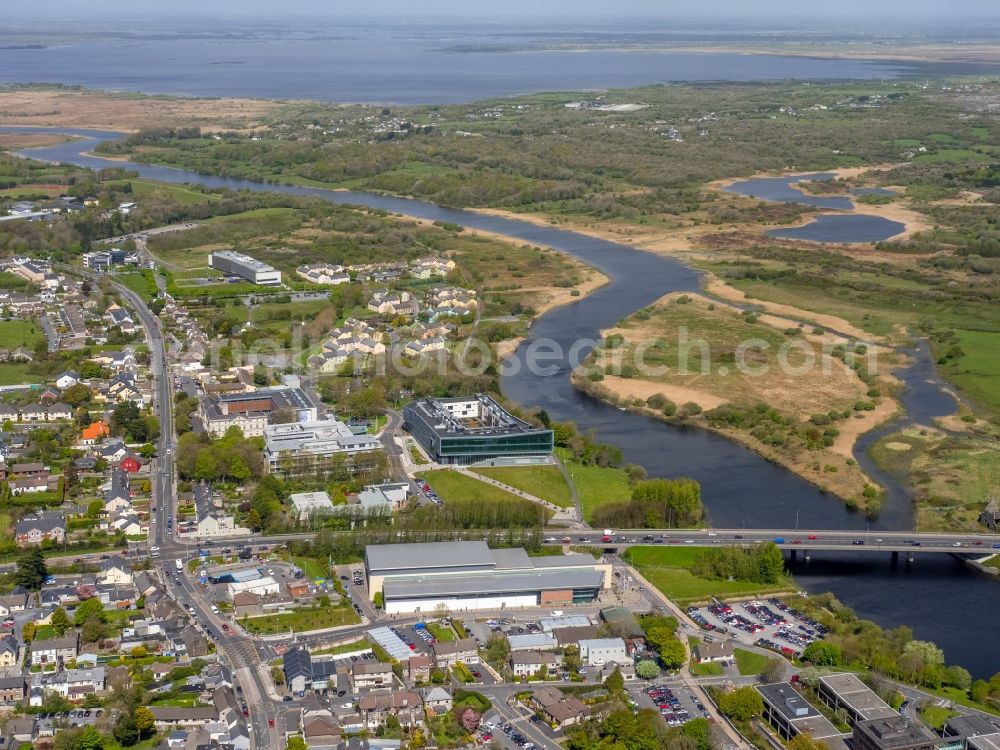 Galway from the bird's eye view: City center in the downtown area on the banks of river course Corrib in Galway in Galway, Ireland