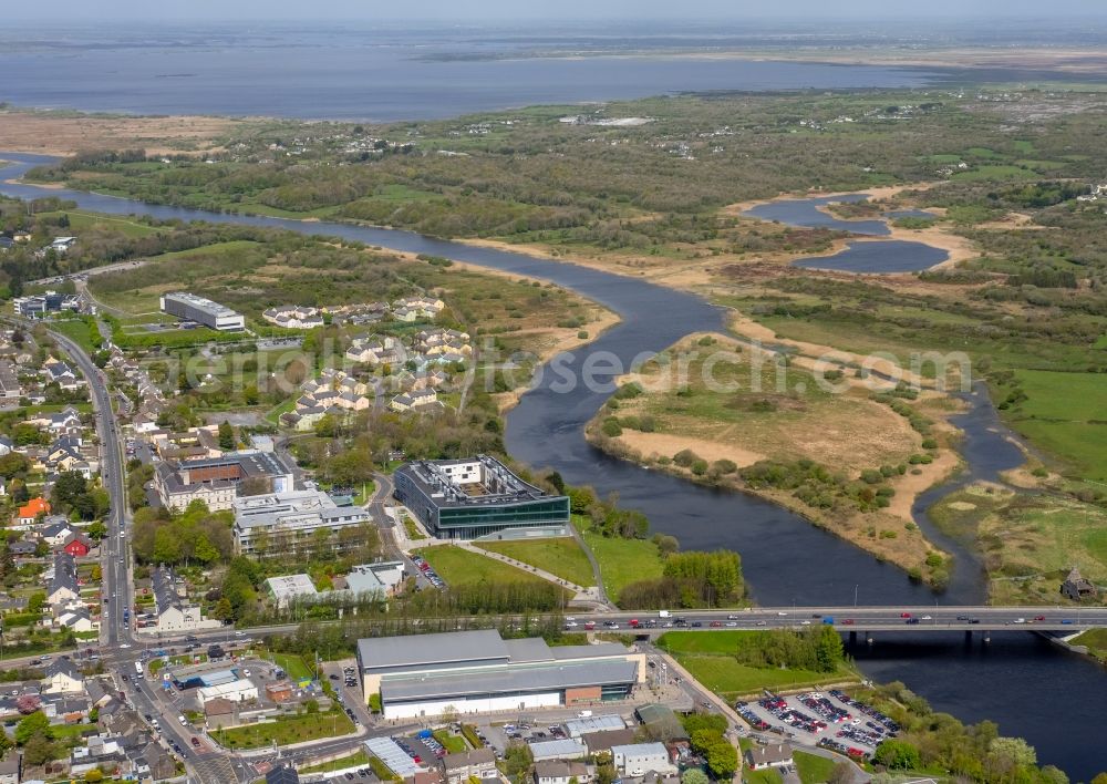 Aerial image Galway - City center in the downtown area on the banks of river course Corrib in Galway in Galway, Ireland