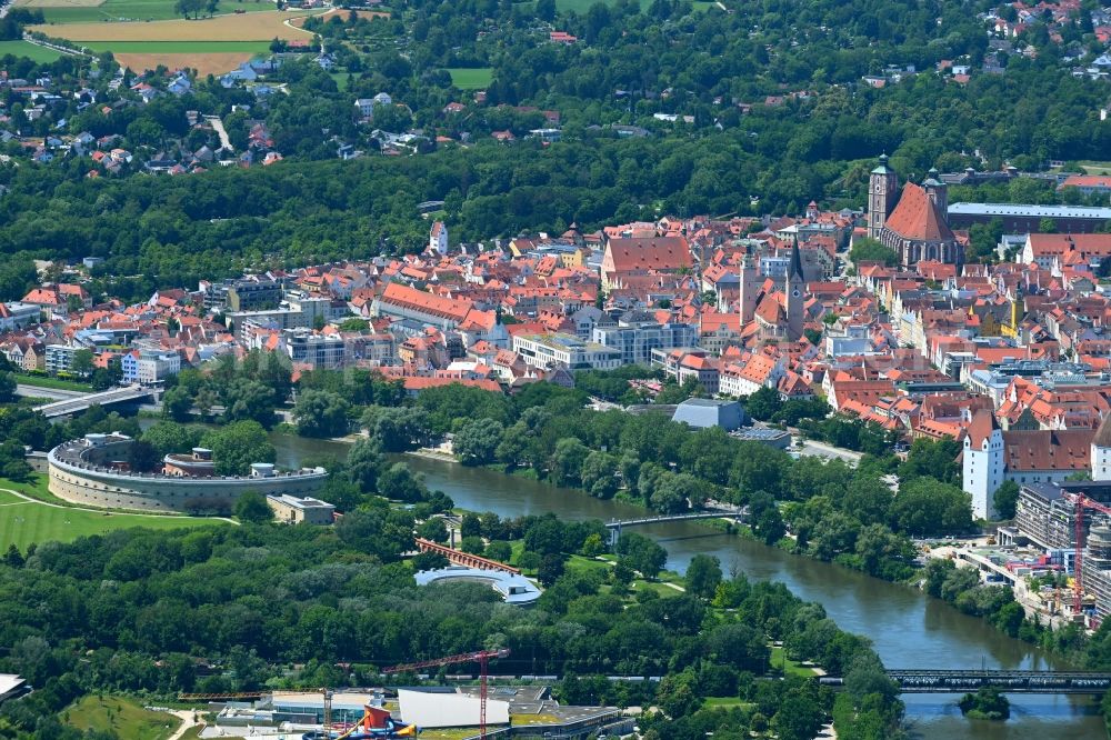 Aerial image Ingolstadt - City center in the downtown area on the banks of river course of the river Danube in Ingolstadt in the state Bavaria, Germany