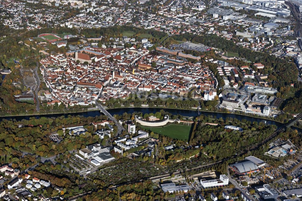 Aerial photograph Ingolstadt - City center in the downtown area on the banks of river course of the river Danube in Ingolstadt in the state Bavaria, Germany