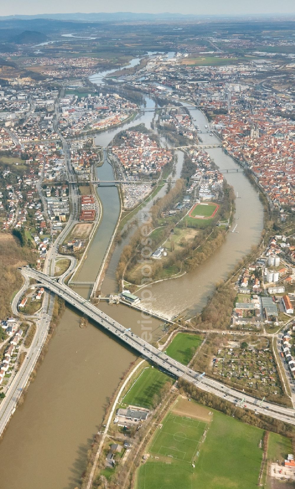 Regensburg from above - City center in the downtown area on the banks of river course of the river Danube in Regensburg in the state Bavaria, Germany