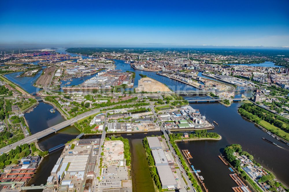 Hamburg from above - City center in the downtown area on the banks of river course Elbe on Brueckenbauwerk of Elbbruecken - Norofelbbruecke - Freihafenelbbruecke in Hamburg, Germany