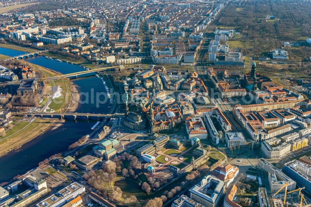 Dresden from above - City center in the downtown area on the banks of river course of the River Elbe in the district Altstadt in Dresden in the state Saxony, Germany