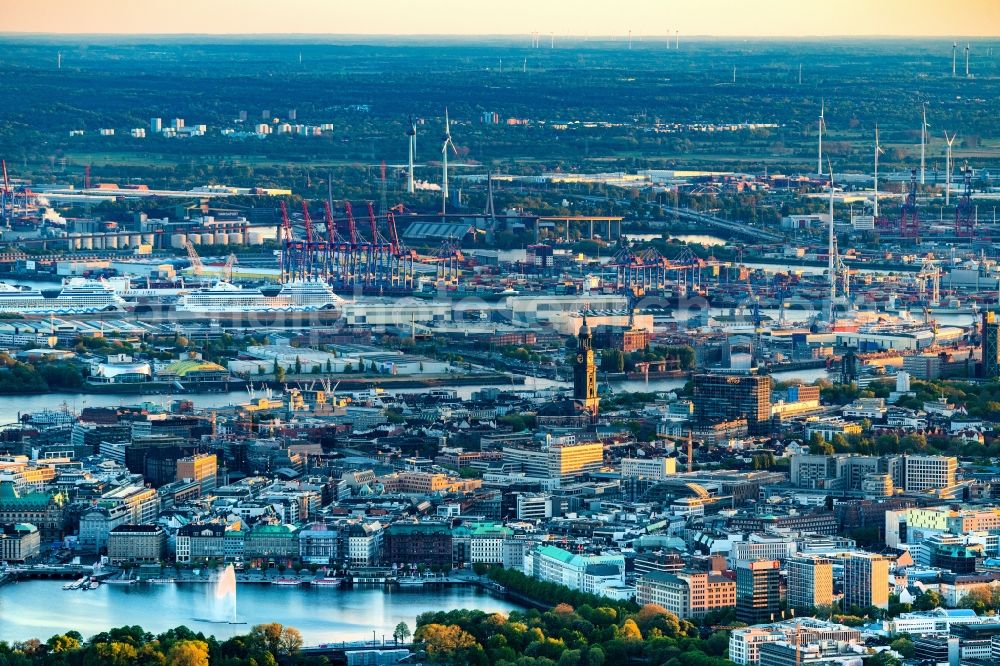 Hamburg from above - City center in the downtown area on the banks of river course of the River Elbe overlooking the Hauptkirche St. Michaelis in the district Altstadt in Hamburg, Germany