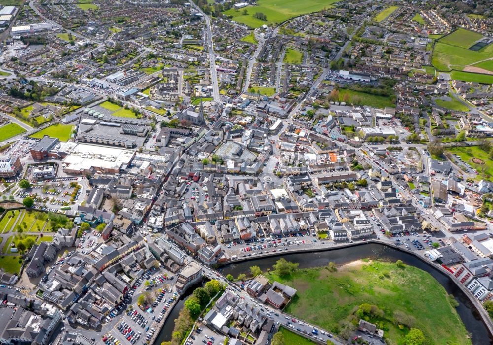 Ennis from above - City center in the downtown area on the banks of river course Fergus River in Ennis in Clare, Ireland