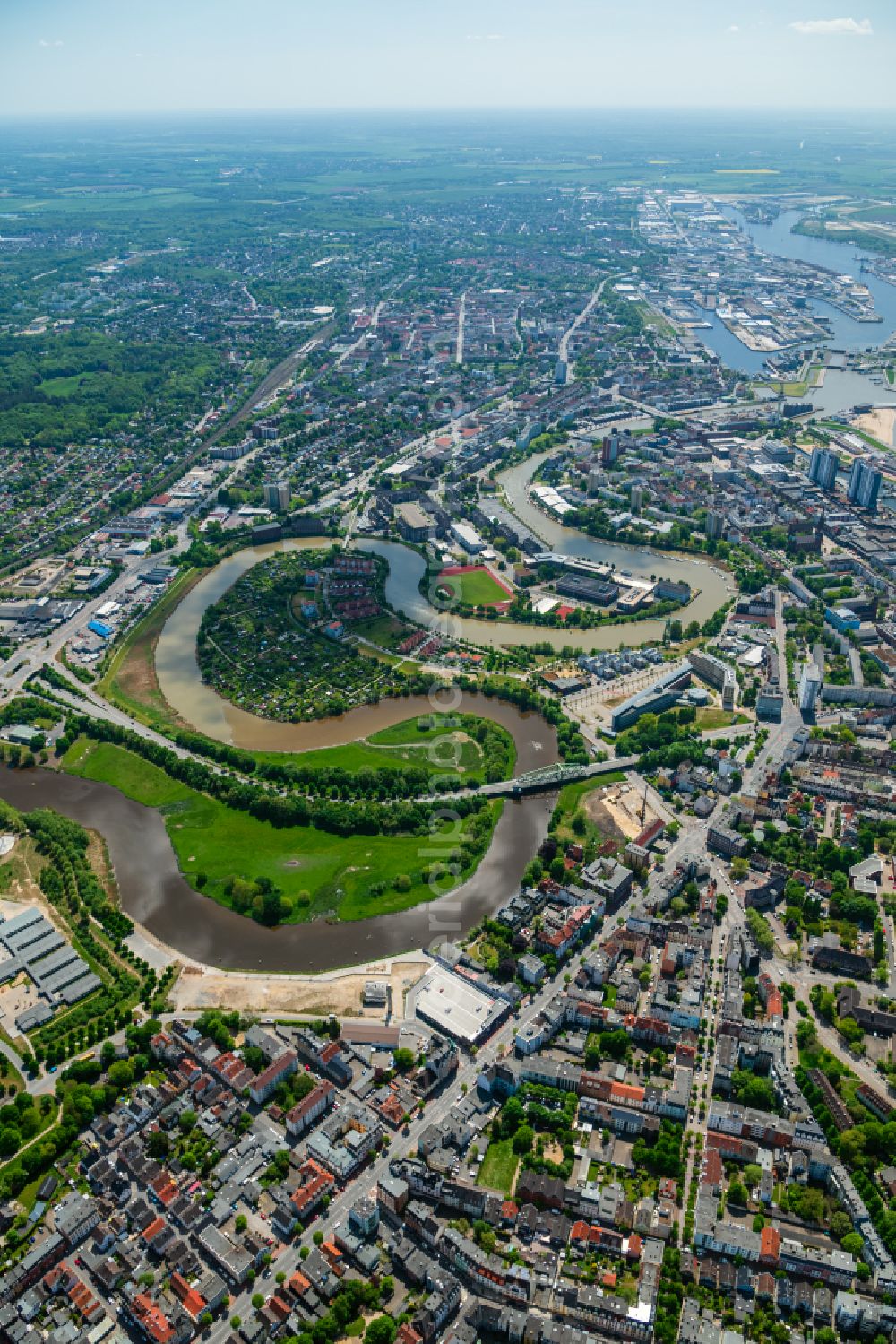 Bremerhaven from above - City center in the downtown area on the banks of river course Geeste in Bremerhaven in the state Bremen, Germany