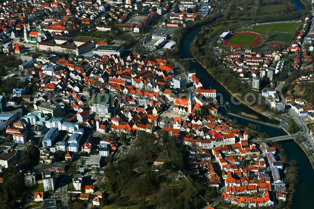 Kempten (Allgäu) from above - City center in the downtown area on the banks of river course of Iller in Kempten (Allgaeu) in the state Bavaria, Germany