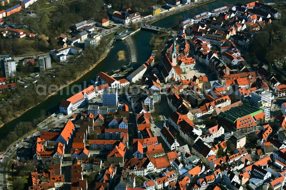 Kempten (Allgäu) from above - City center in the downtown area on the banks of river course of Iller in Kempten (Allgaeu) in the state Bavaria, Germany